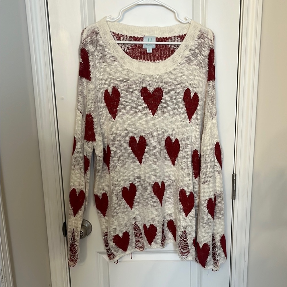 White and Red Heart Sweater